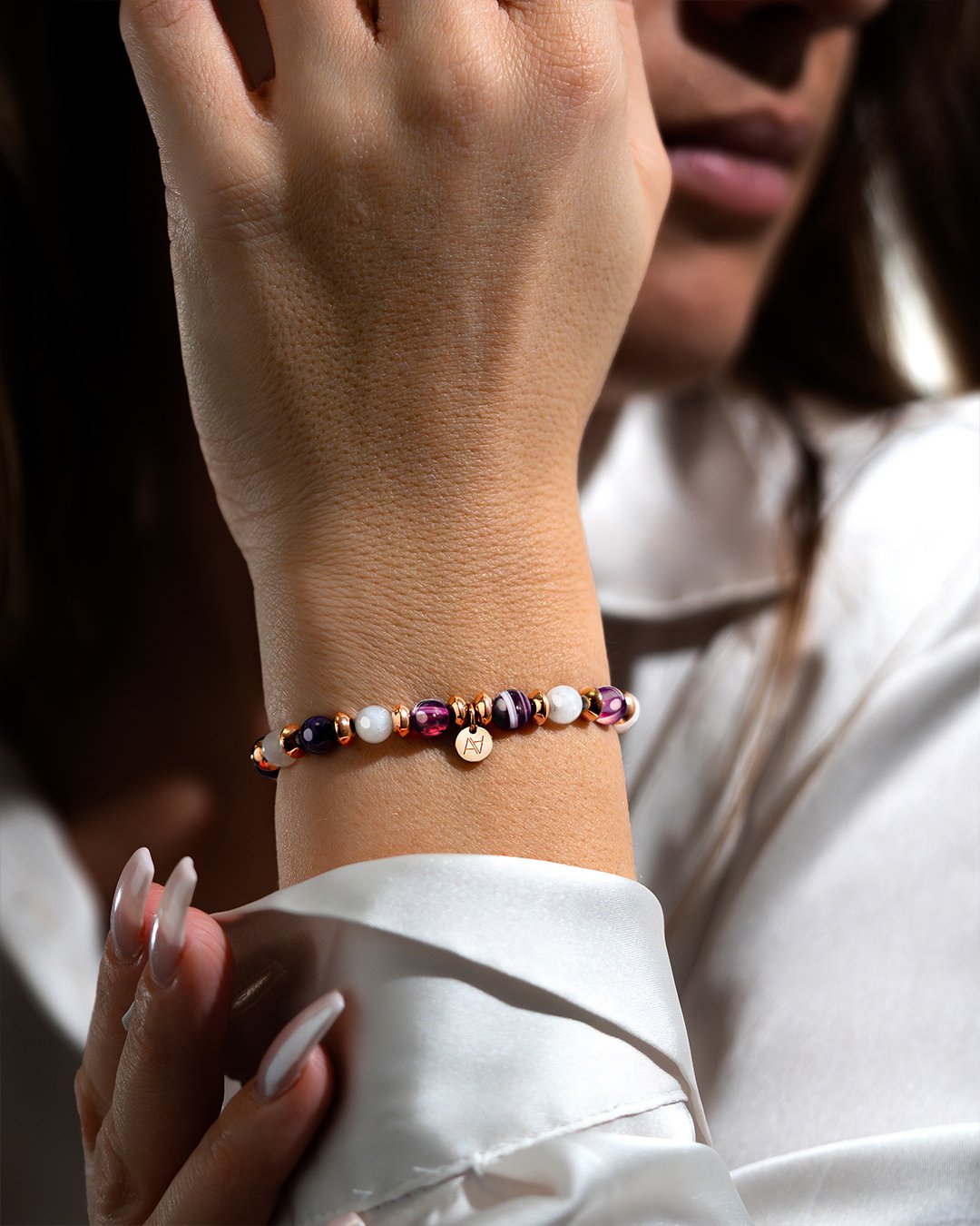 Armband violetten Achat und MondsteinEmotionale Gelassenheit